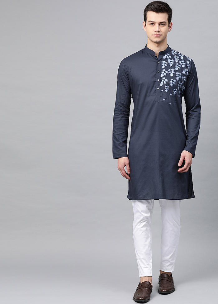 2 Pc Navy Blue Embroidered Cotton Kurta Set VDVSD240608 - Indian Silk House Agencies