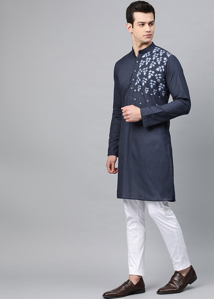 2 Pc Navy Blue Embroidered Cotton Kurta Set VDVSD240608 - Indian Silk House Agencies