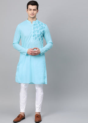 2 Pc Turquoise Blue Embroidered Cotton Kurta Set VDVSD240610 - Indian Silk House Agencies