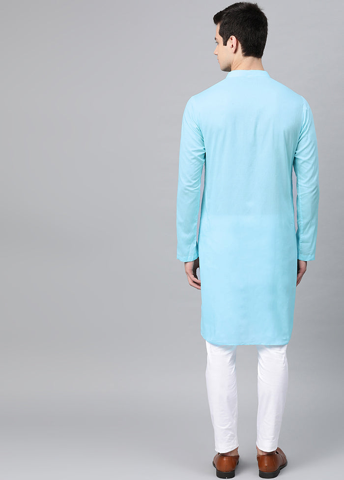 2 Pc Turquoise Blue Embroidered Cotton Kurta Set VDVSD240610 - Indian Silk House Agencies