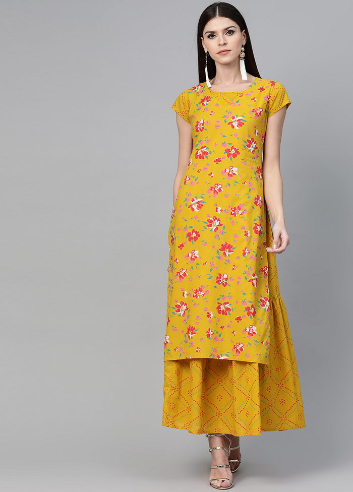 Mustard Red Floral Double Layered Maxi Dress VDVSD0058 - Indian Silk House Agencies