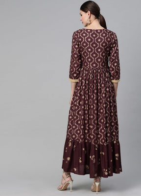 Wine Gold Printed Flared Maxi Dress VDVSD0062 - Indian Silk House Agencies