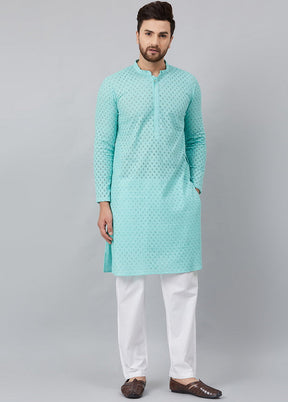 2 Pc Turquoise Pure Cotton Kurta Pajama Set VDVSD200158 - Indian Silk House Agencies