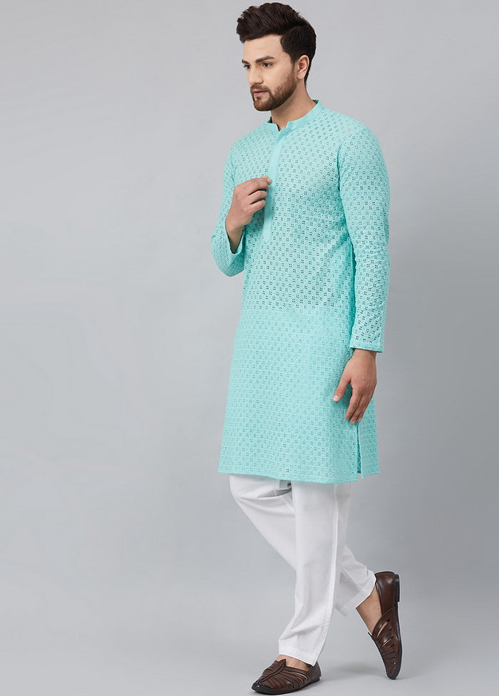 2 Pc Turquoise Pure Cotton Kurta Pajama Set VDVSD200158 - Indian Silk House Agencies