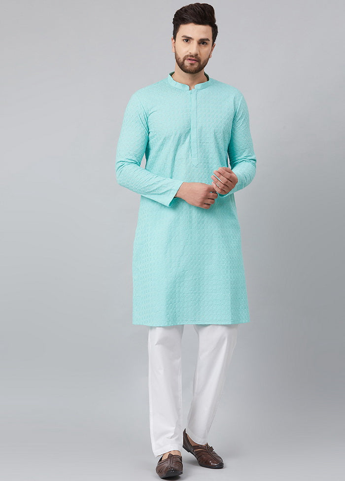 2 Pc Turquoise Pure Cotton Kurta Pajama Set VDVSD200159 - Indian Silk House Agencies