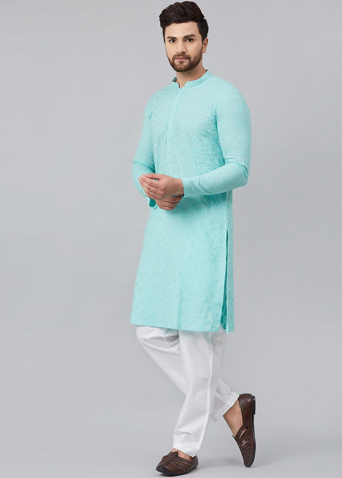 2 Pc Turquoise Pure Cotton Kurta Pajama Set VDVSD200160 - Indian Silk House Agencies