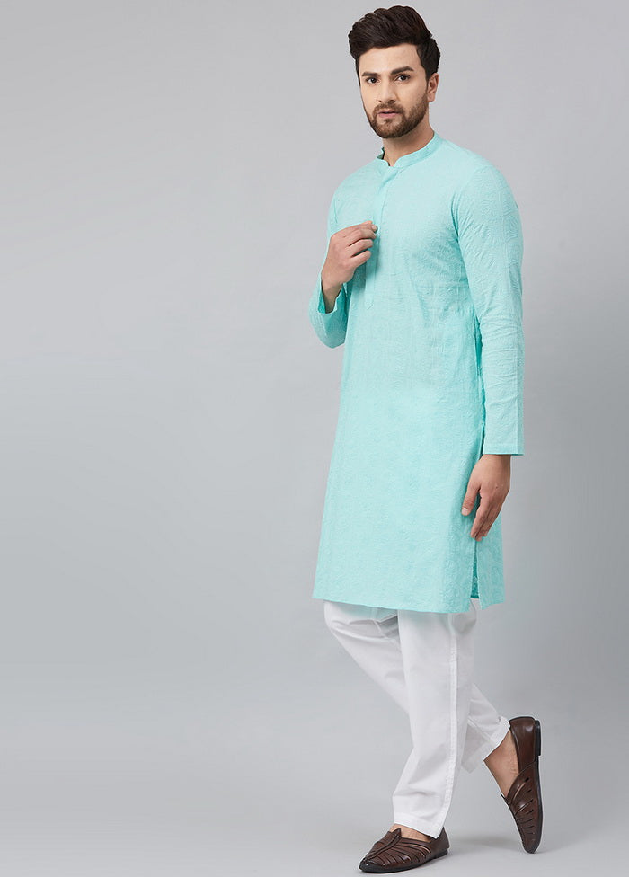 2 Pc Turquoise Pure Cotton Kurta Pajama Set VDVSD200161 - Indian Silk House Agencies