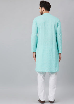 2 Pc Turquoise Pure Cotton Kurta Pajama Set VDVSD200162 - Indian Silk House Agencies