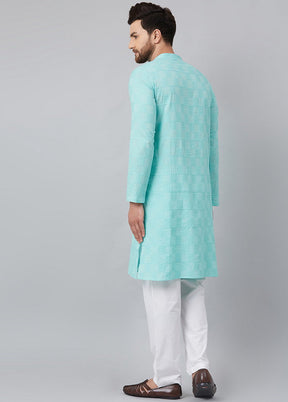 2 Pc Turquoise Pure Cotton Kurta Pajama Set VDVSD200164 - Indian Silk House Agencies