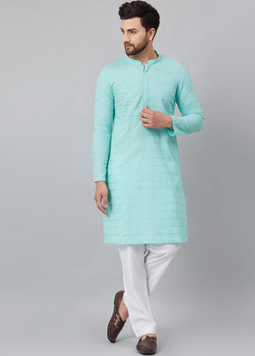 2 Pc Turquoise Pure Cotton Kurta Pajama Set VDVSD200165 - Indian Silk House Agencies