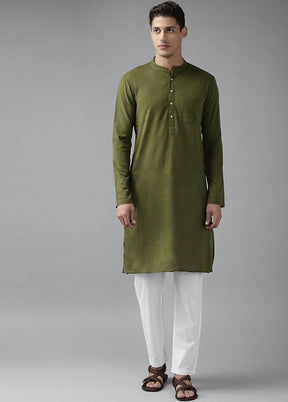 Olive Green Solid Cotton Kurta VDVSD0631 - Indian Silk House Agencies