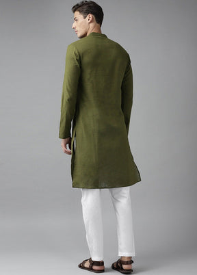 Olive Green Solid Cotton Kurta VDVSD0631 - Indian Silk House Agencies