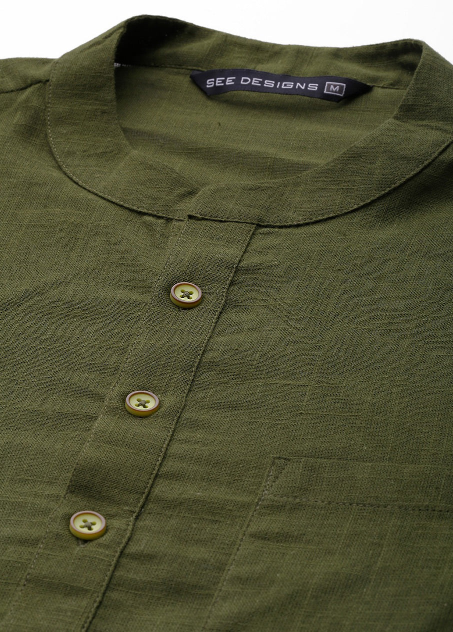 Olive Green Solid Cotton Kurta VDVSD0631 - Indian Silk House Agencies