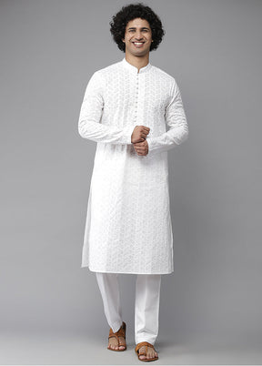 White Embroidered Cotton Kurta VDVSD1912268 - Indian Silk House Agencies