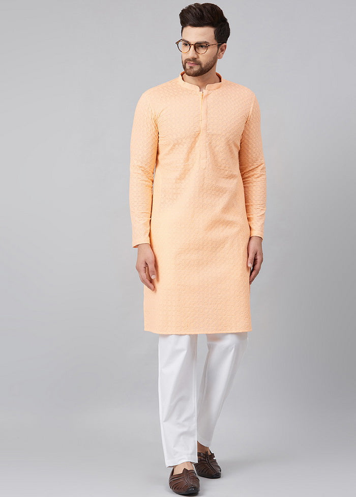 Peach Chikankari Embroidered Woven Design Straight Kurta VDVSD0589 - Indian Silk House Agencies