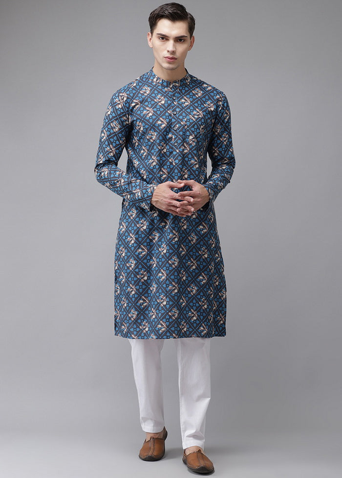 Blue And Beige Printed Straight Kurta VDVSD0515 - Indian Silk House Agencies