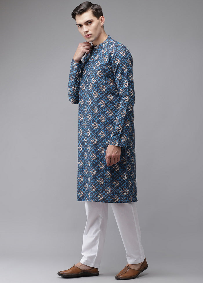 2 Pc Blue Pure Cotton Kurta Pajama Set VDVSD200181 - Indian Silk House Agencies