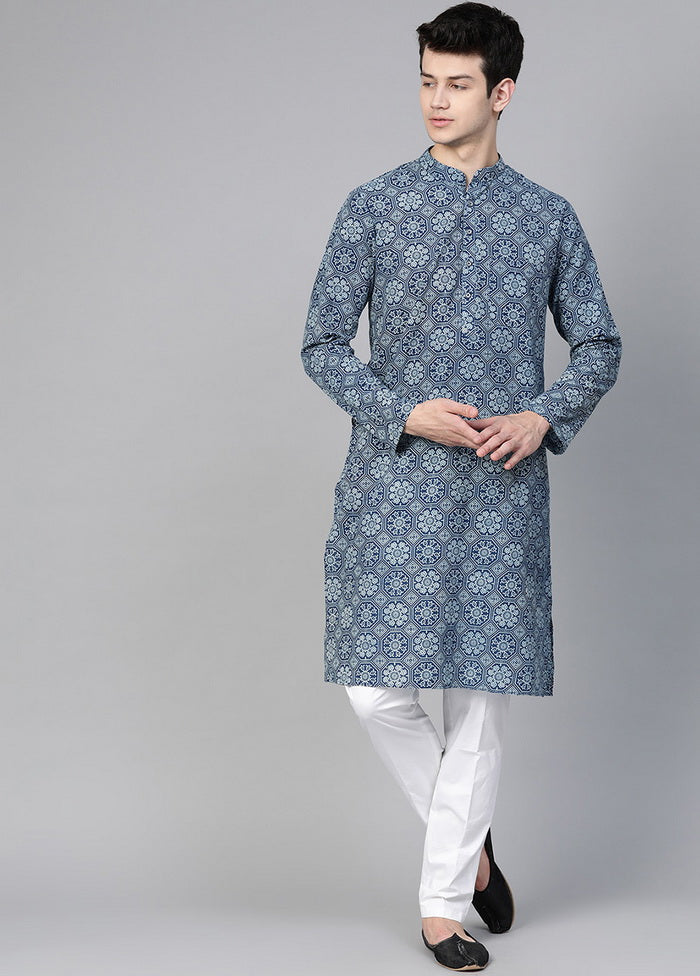 Blue Handblock Pure Cotton Straight Kurta VDVSD03112027 - Indian Silk House Agencies