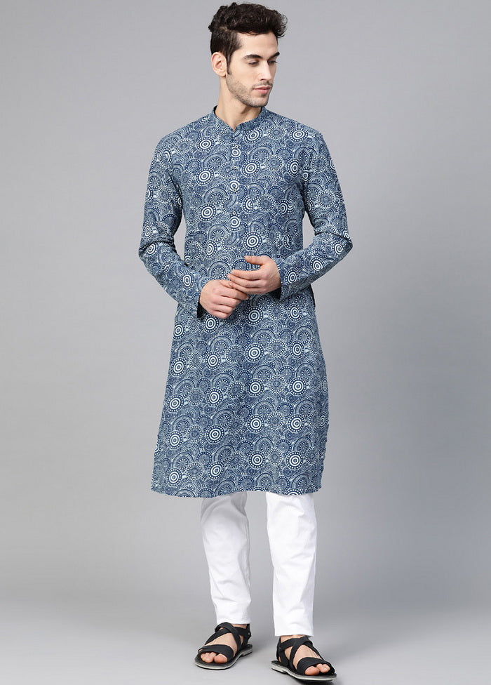 Blue Handblock Pure Cotton Straight Kurta VDVSD03112028 - Indian Silk House Agencies