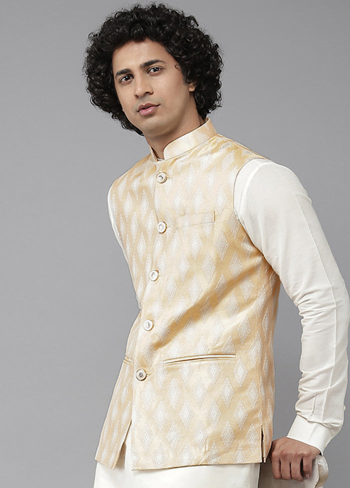 Gold Pure Silk Kurta And Pajama Set With Jacket VDVSD1912222 - Indian Silk House Agencies