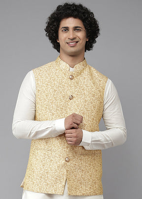 Gold Pure Silk Kurta And Pajama Set With Jacket VDVSD1912223 - Indian Silk House Agencies