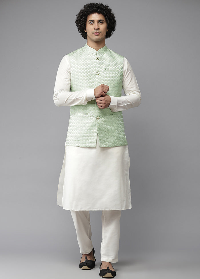 Green Pure Silk Kurta And Pajama Set With Jacket VDVSD1912228 - Indian Silk House Agencies