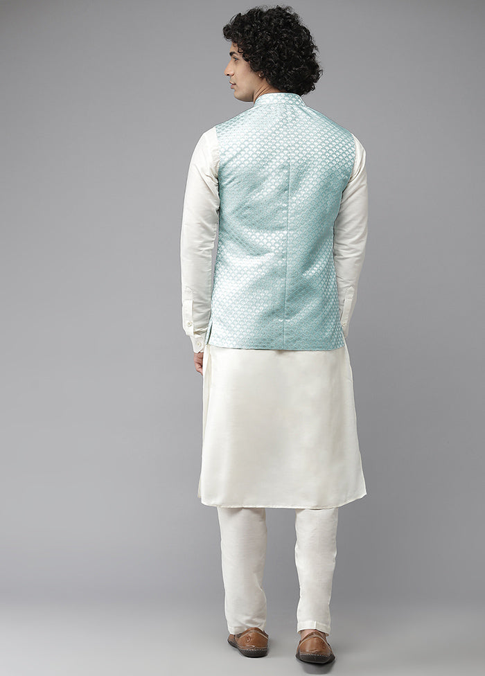 Blue Pure Silk Kurta And Pajama Set With Jacket VDVSD1912229 - Indian Silk House Agencies