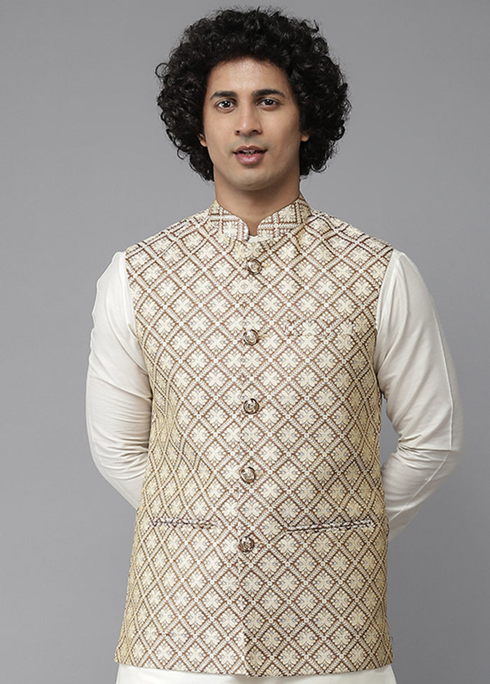 Gold Pure Silk Kurta And Pajama Set With Jacket VDVSD1912237 - Indian Silk House Agencies