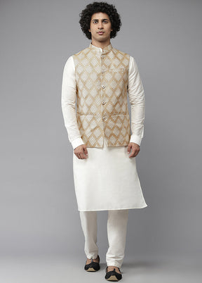 Gold Pure Silk Kurta And Pajama Set With Jacket VDVSD1912238 - Indian Silk House Agencies