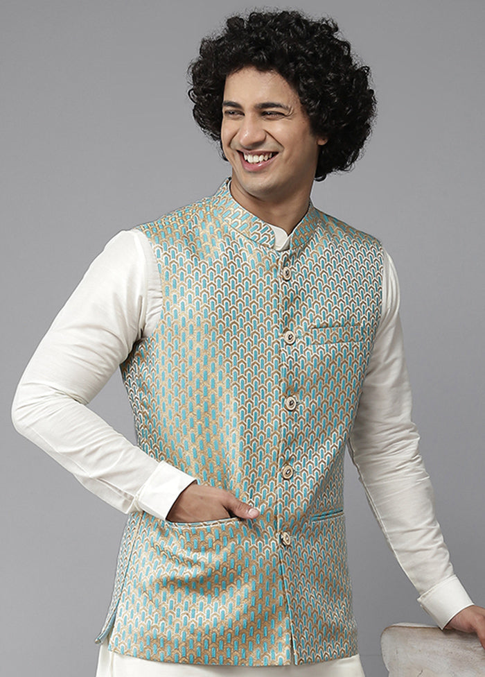 Sea Green Pure Silk Kurta And Pajama Set With Jacket VDVSD1912240 - Indian Silk House Agencies