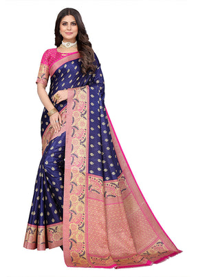 Navy Blue Dupion Silk Saree With Blouse Piece