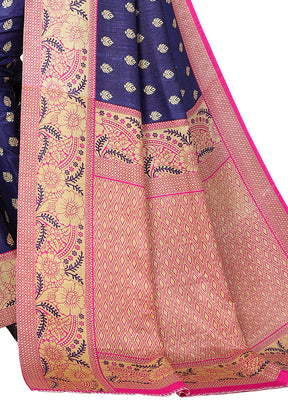 Navy Blue Dupion Silk Saree With Blouse Piece