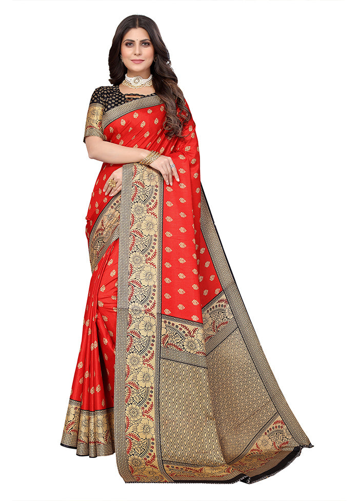 Red Dupion Silk Saree With Blouse Piece