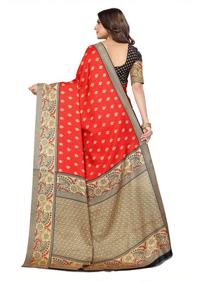 Red Dupion Silk Saree With Blouse Piece