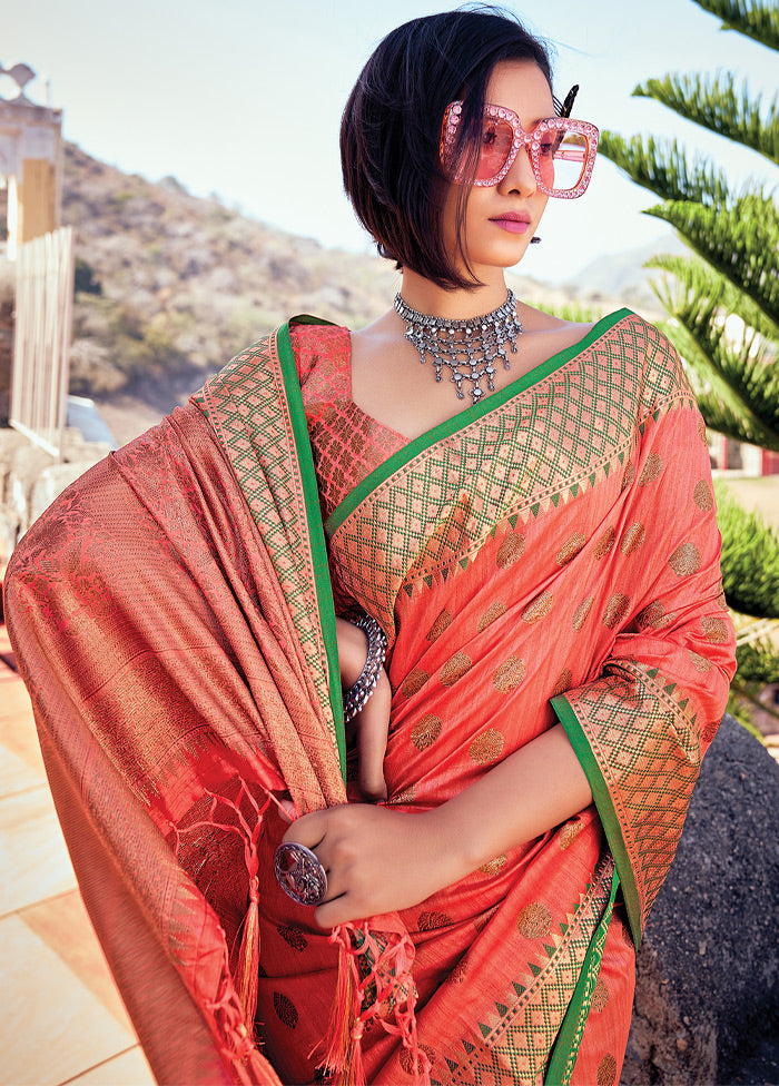 Peach Spun Silk Saree With Blouse Piece - Indian Silk House Agencies