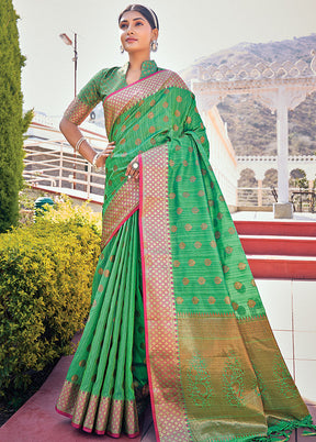 Green Spun Silk Saree With Blouse Piece - Indian Silk House Agencies