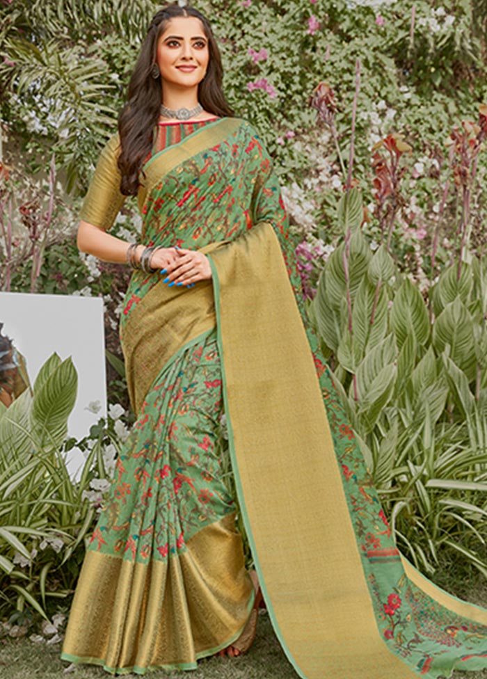 Sea Green Spun Silk Saree With Blouse Piece