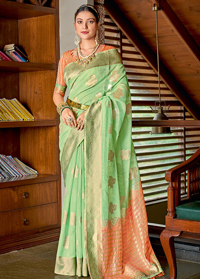 Light Green Spun Silk Saree With Blouse Piece