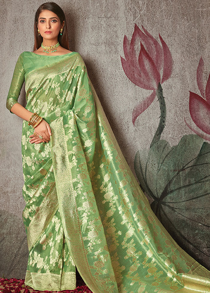 Green Spun Silk Saree With Blouse Piece - Indian Silk House Agencies