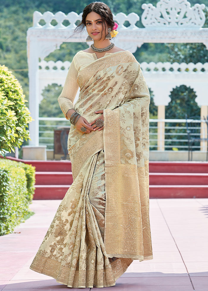 Cream Spun Silk Saree With Blouse Piece