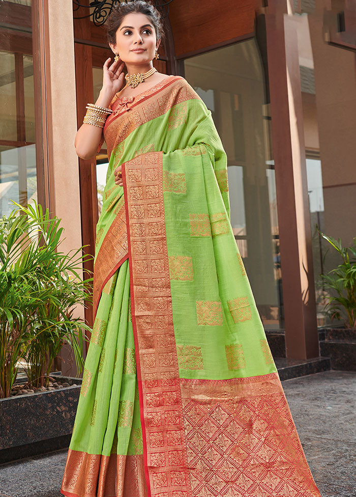 Green Spun Silk Saree With Blouse Piece - Indian Silk House Agencies