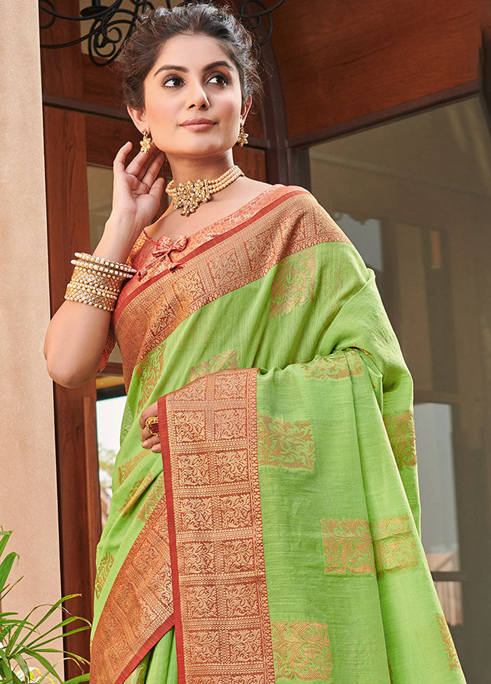 Green Spun Silk Saree With Blouse Piece - Indian Silk House Agencies