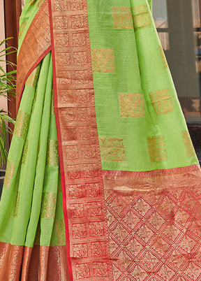 Green Spun Silk Saree With Blouse Piece - Indian Silk House Agencies