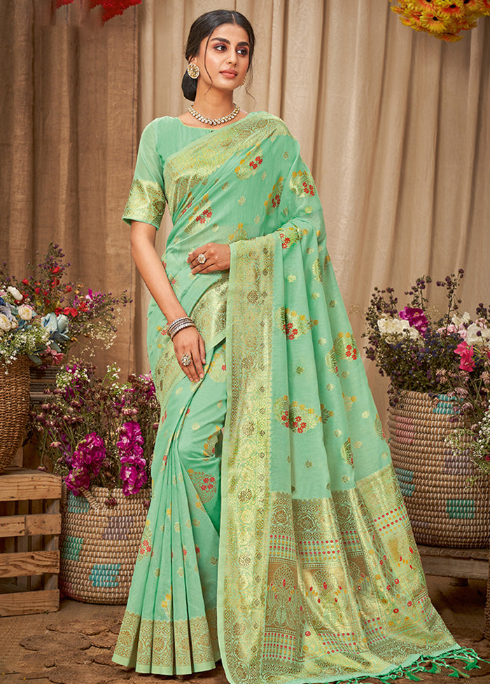 Sea Green Spun Silk Saree With Blouse Piece - Indian Silk House Agencies