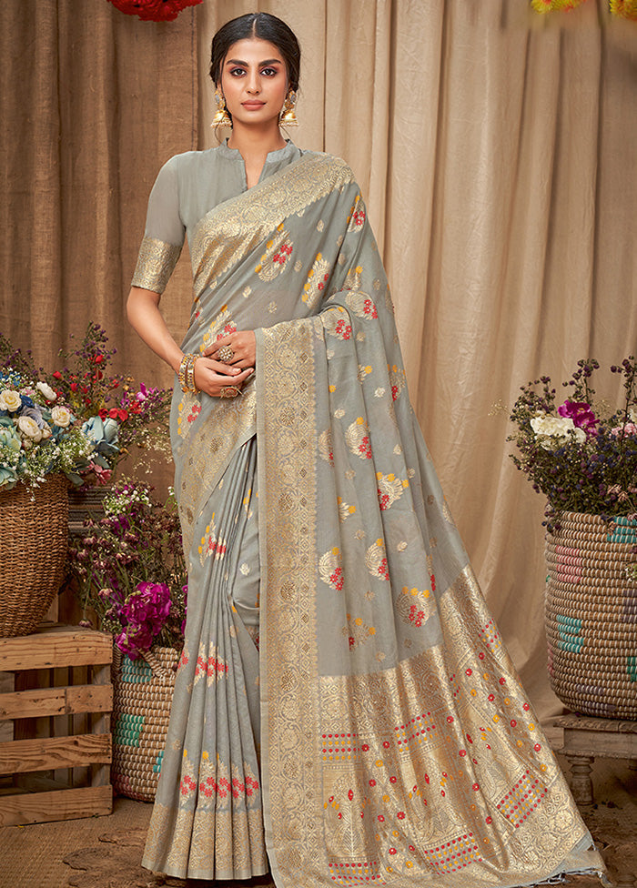 Grey Spun Silk Saree With Blouse Piece - Indian Silk House Agencies