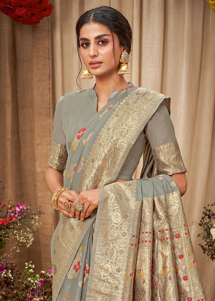 Grey Spun Silk Saree With Blouse Piece - Indian Silk House Agencies