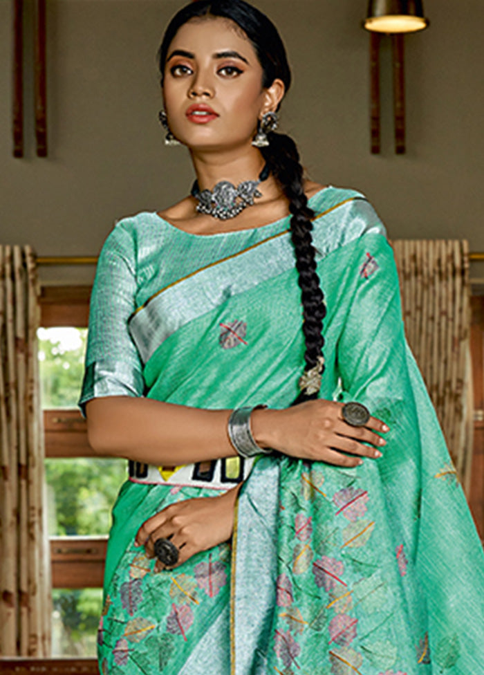 Sea Green Spun Silk Saree With Blouse Piece