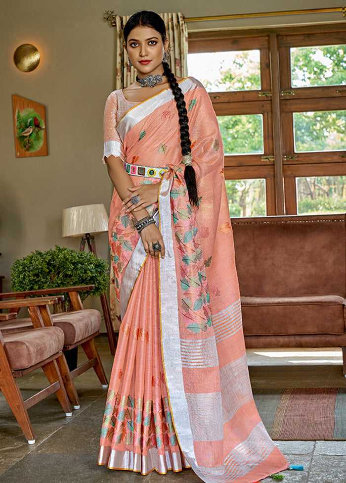 Peach Spun Silk Saree With Blouse Piece - Indian Silk House Agencies