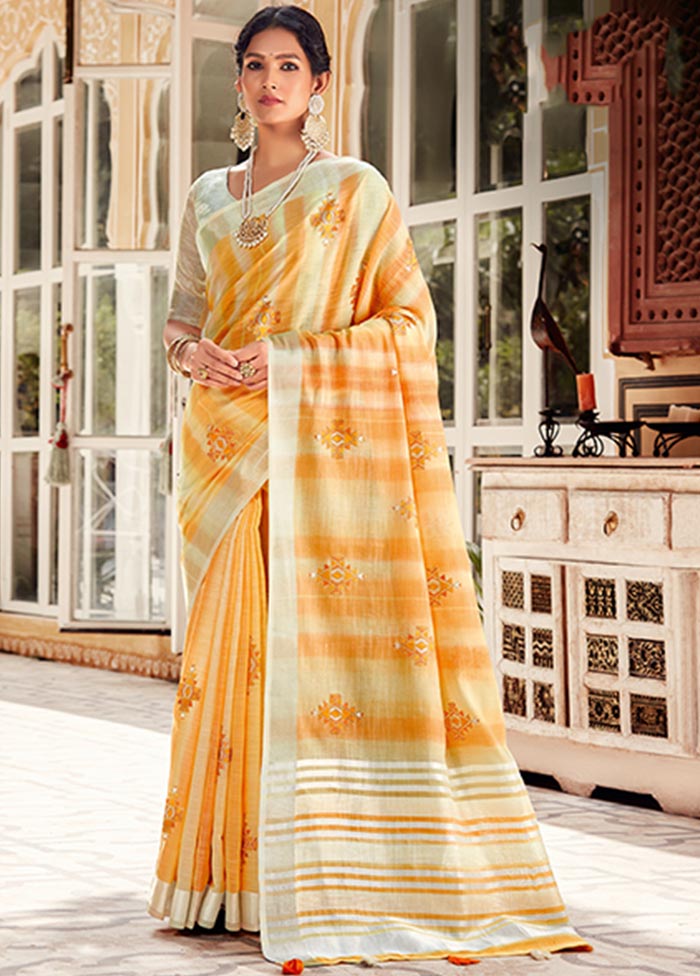 Yellow Spun Silk Saree With Blouse Piece