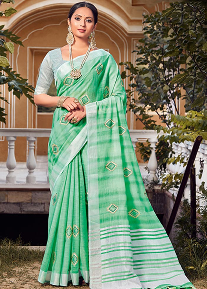 Green Spun Silk Saree With Blouse Piece